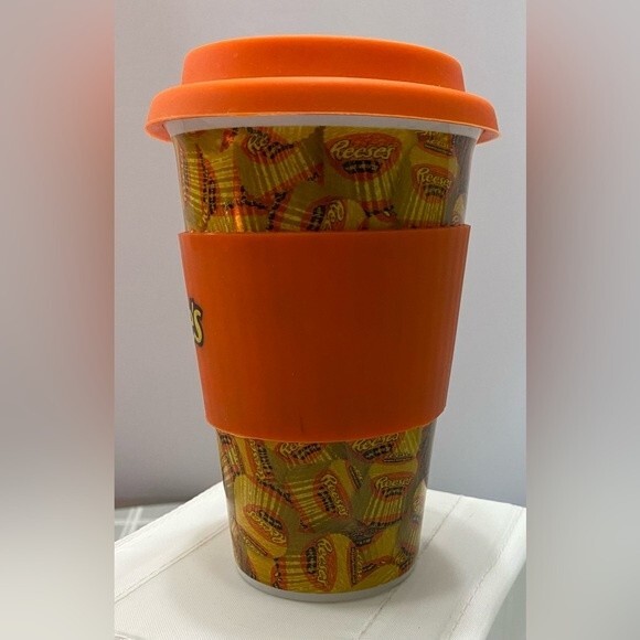 Reese's Peanut Butter Cup 12 oz Ceramic Cup Travel Mug with silicone grip & lid - Picture 4 of 7